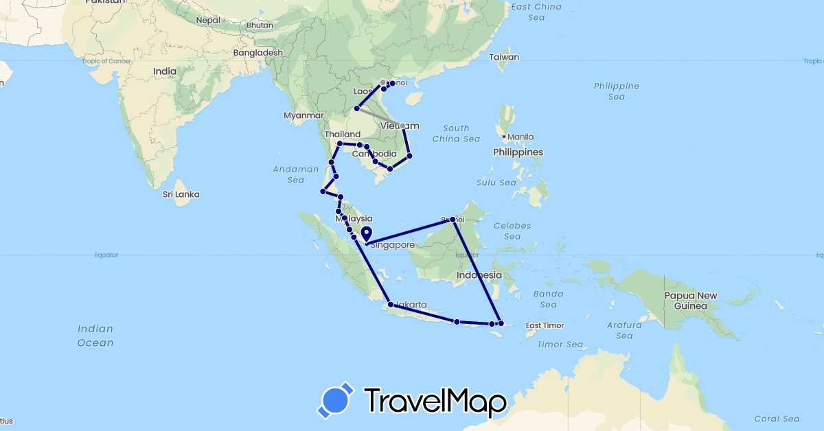 TravelMap itinerary: driving, plane in Brunei, Indonesia, Cambodia, Laos, Malaysia, Singapore, Thailand, Vietnam (Asia)